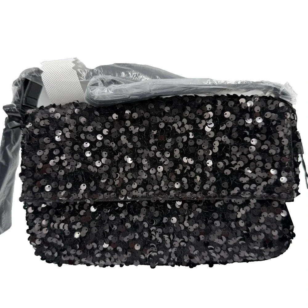 Nicole Miller Black‎ Sequin Shoulder Bag NWT Evening Party Crossbody Adjustable